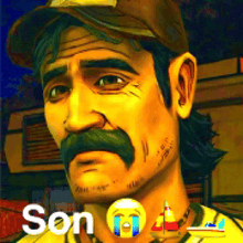 a man with a mustache wearing a hat and a yellow shirt with son written on the bottom