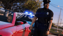 a police officer stands next to a pink car