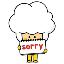 a cartoon character with white hair is holding a sign that says sorry