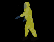 a man in a yellow biohazard suit with blue gloves