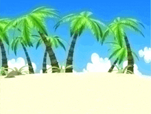 a painting of palm trees on a sandy beach