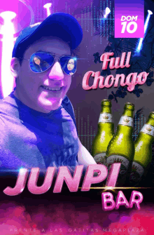 an advertisement for junpi bar shows a man wearing sunglasses and a hat