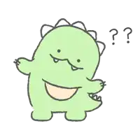 a cartoon drawing of a green dinosaur with a question mark above it