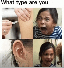 a girl with a piercing in her ear is screaming while getting an injection