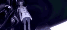 a man with glowing eyes is standing in a dark room with a purple background .