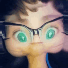 a close up of a cartoon character with glasses on