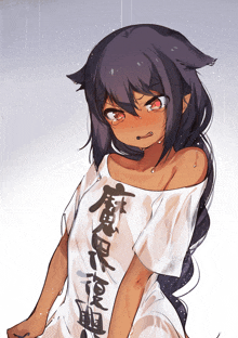 a drawing of a girl wearing a shirt with chinese writing on it