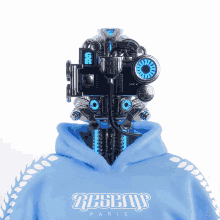 a robot wearing a blue hoodie that says rbsens paris