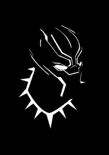 a black and white drawing of a black panther 's face on a black background .