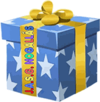 a blue gift box with stars and a yellow ribbon that says j.a.s.g. nogallas