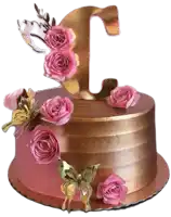 a cake with pink roses and butterflies and the letter c on top