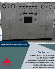 an advertisement for huayi compressors shows a large electrical panel