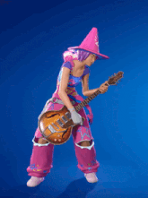 a girl in a pink outfit holding a guitar