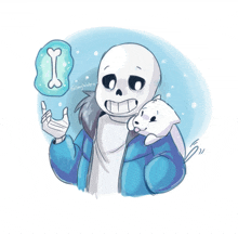 a drawing of a skeleton holding a small white dog and a bone with the name taller on it