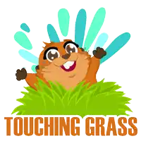 a cartoon illustration of a ground squirrel and the words touching grass below it
