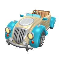 a cartoon car with a tan seat and blue fenders on a white background