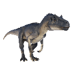 a dinosaur is standing on a white background and looking at the camera .