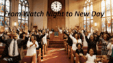 a group of people in a church with their arms in the air and the words from watch night to new day above them