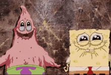 spongebob and patrick are standing next to each other and smiling