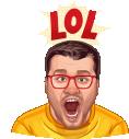 a cartoon of a man wearing glasses and a yellow shirt with his mouth open and the word lol coming out of his head .