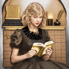 a woman in a dress is reading a book with the letter t on her necklace