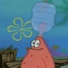 patrick star is drinking water from a water cooler .