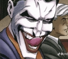 a close up of a comic book character with a clown nose smiling