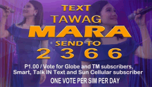 two women singing into microphones with the words " text tawag mara send to 3366 "