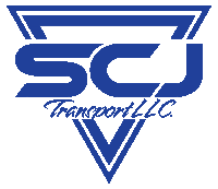 a blue logo for scj transport llc with a triangle in the middle