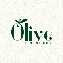 a logo for olive home made oil with leaves and olives