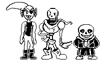 undertale papyrus and sans are standing next to each other on a white background .