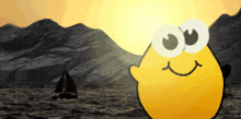 a cartoon character with big eyes is smiling in front of a mountain