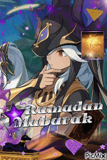 a greeting card for ramadan mubarak with a picture of a girl