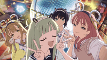 a group of anime girls are posing for a picture with a sign that says t-sh