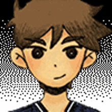 a pixel art portrait of a boy with brown hair and a choker .