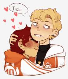 a drawing of a man hugging another man with a speech bubble that says " tight "