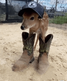 a baby deer wearing a hat and boots