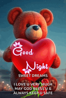 a teddy bear is holding a heart that says good night sweet dreams