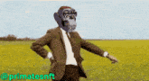 a man in a suit is dancing in a field with a monkey on his head with censored written on his sunglasses