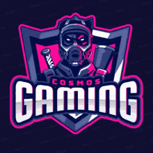 a logo for cosmos gaming with a man in a gas mask holding a sword