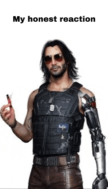 a man with a prosthetic arm is holding a cigarette in his hand and smoking a cigarette .