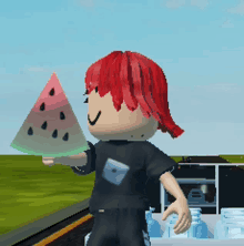 a girl with red hair is holding a watermelon slice