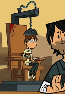 a cartoon of a boy sitting in a chair with a lamp on his head