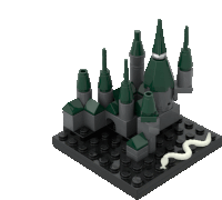 a lego model of a castle with a snake in the foreground