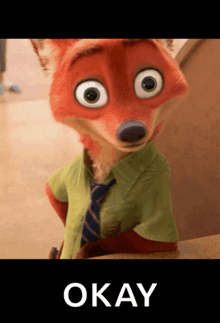 a picture of a cartoon fox with the word okay on the bottom