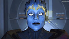 a woman with blue skin and white eyes is standing in front of a bmb sign