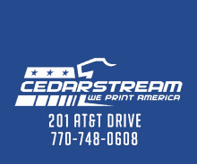 a blue background with a white logo for cedarstream