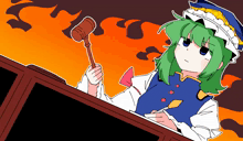 a cartoon of a girl with green hair holding a hammer