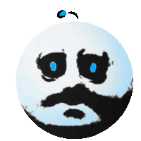 a cartoon drawing of a face with blue eyes and a mustache