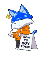 a cartoon of a blue cat holding a sign that says how to buy toshi